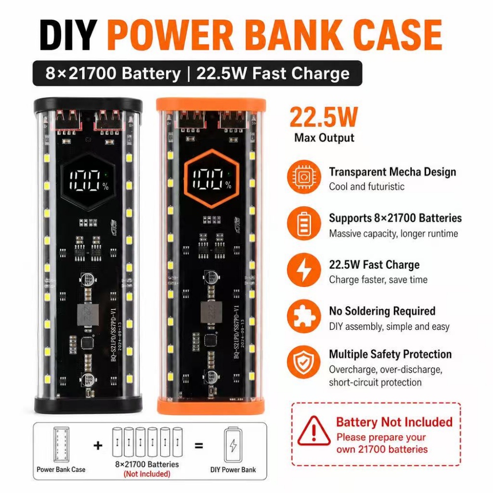 Diy Electronics Hobby - Caixa para Baterias 8*21700 com Carregamento